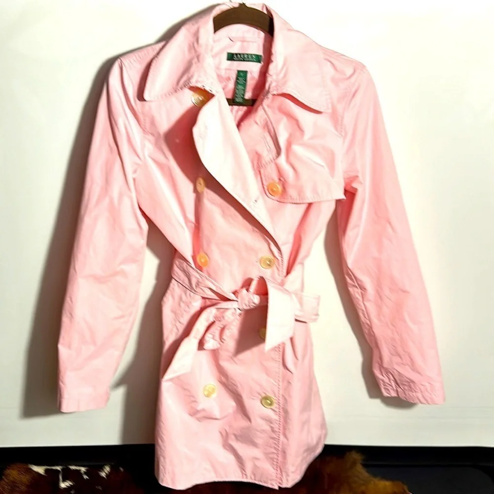 Lauren Ralph Lauren Trench Coat Petite Sz PS Pink Double Breasted Belted Jacket - Picture 2 of 6